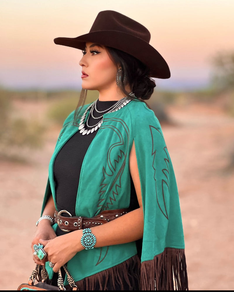 Teal Suede Boot Stitch Embroidered Cape