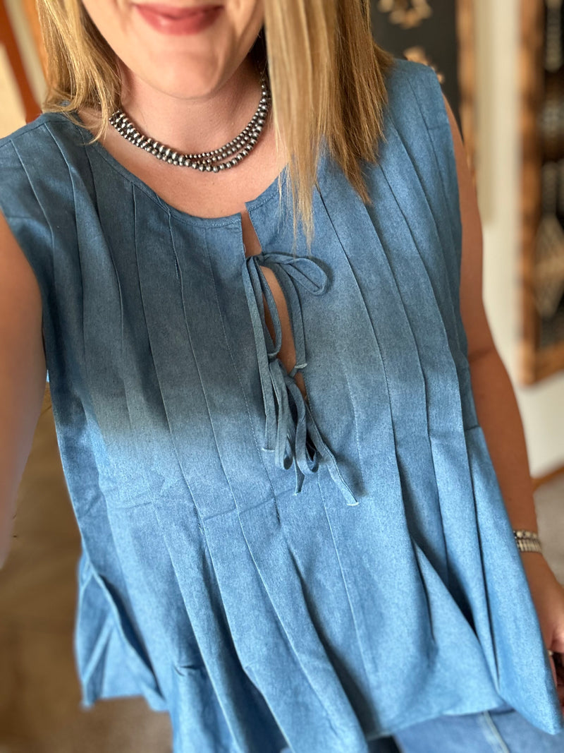 Denim Pleated Bow Tie Top