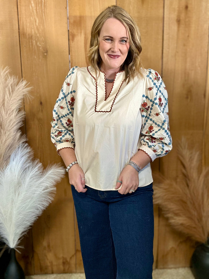 Cream Embroidered Sleeves Top