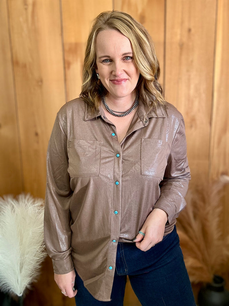 Chocolate Leather Lux Button Down Top