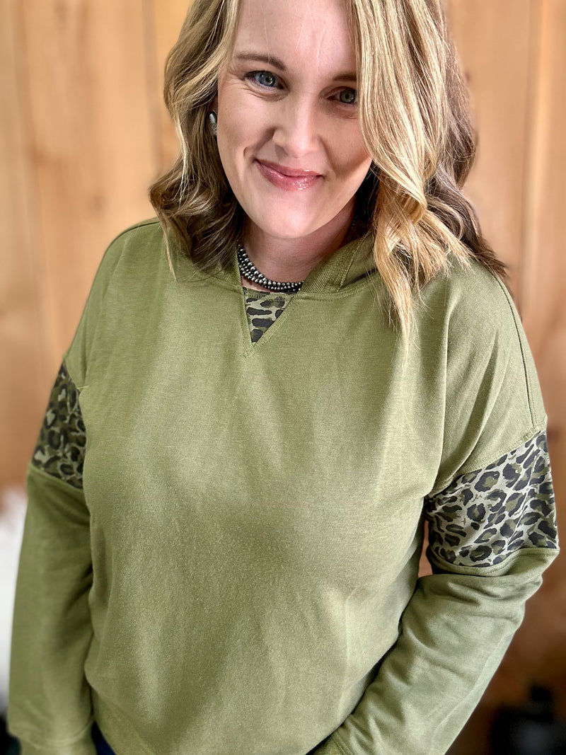 Olive Leopard Block Hooded Sweatshirt
