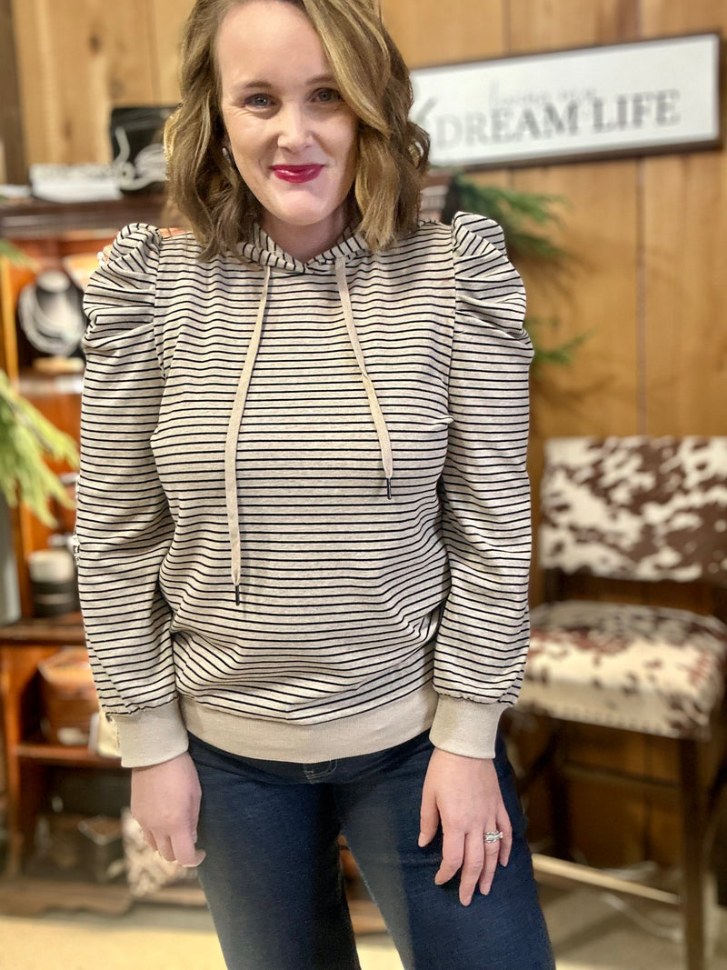 Oatmeal Puff Sleeve Striped Hoodie