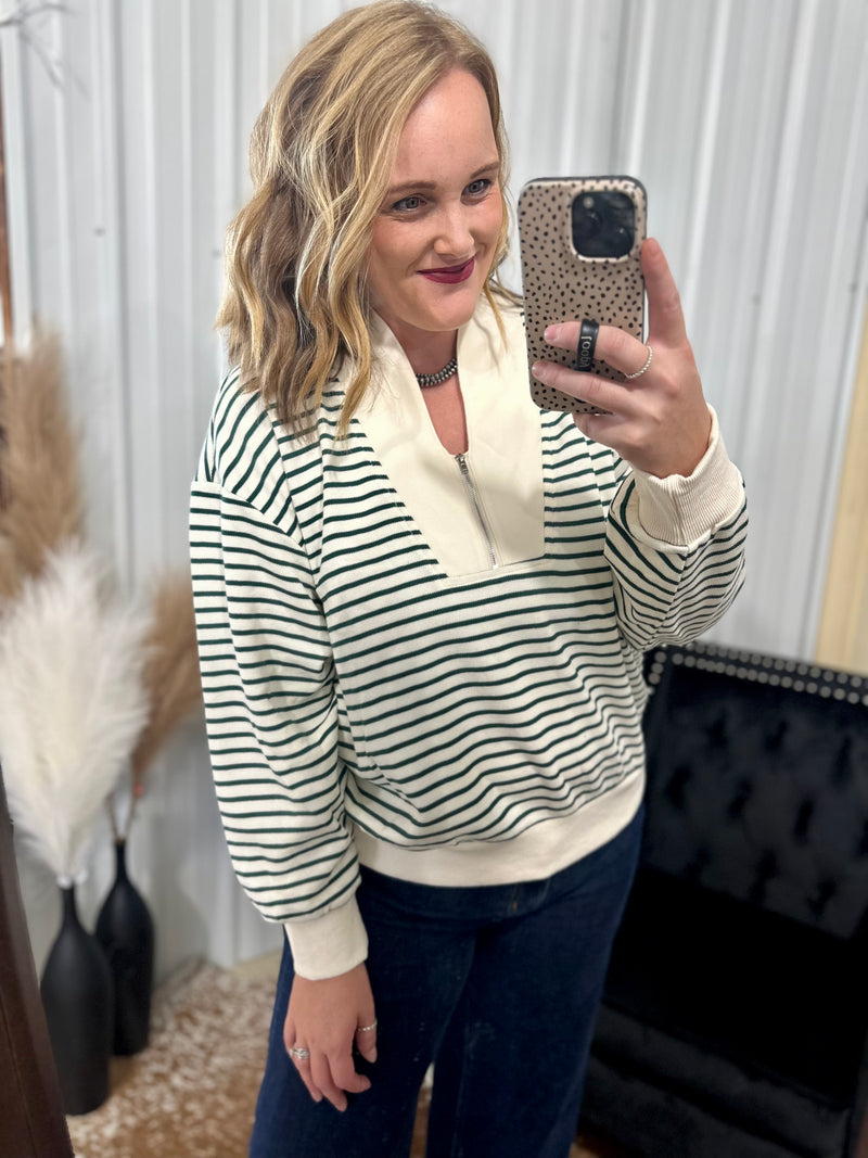 Green Striped Half Zip Sweatshirt