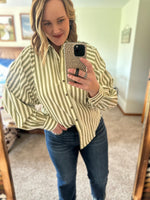 Olive Stripe Button Down Balloon Sleeve Top