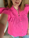 Pink Flutter Tiered Sleeve Button Down Top