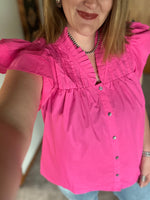 Pink Flutter Tiered Sleeve Button Down Top