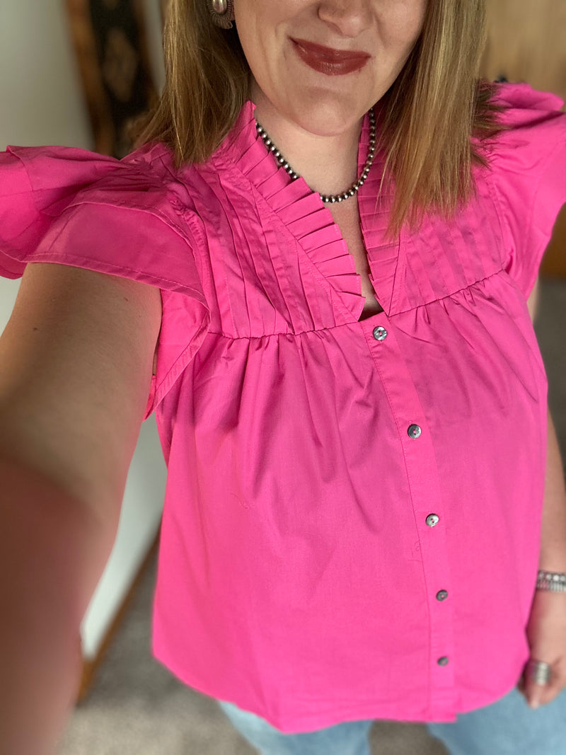 Pink Flutter Tiered Sleeve Button Down Top