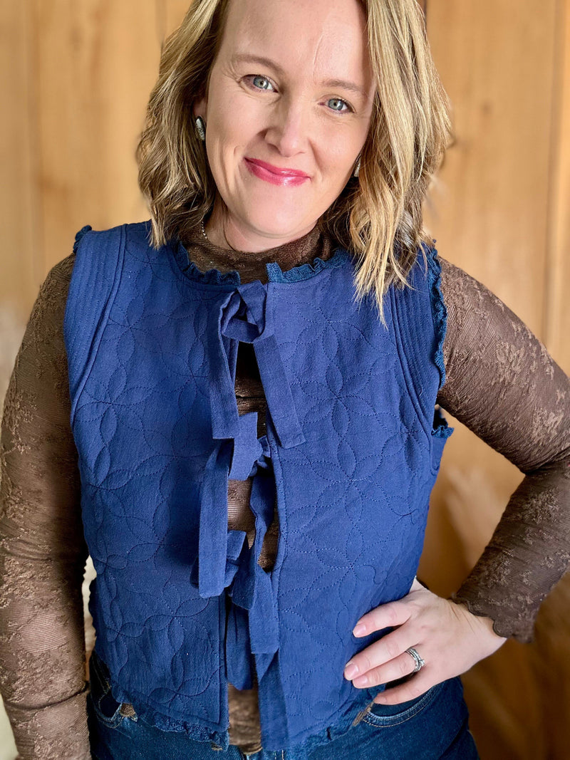 Floral Quilted Lace Trim Vest - Navy