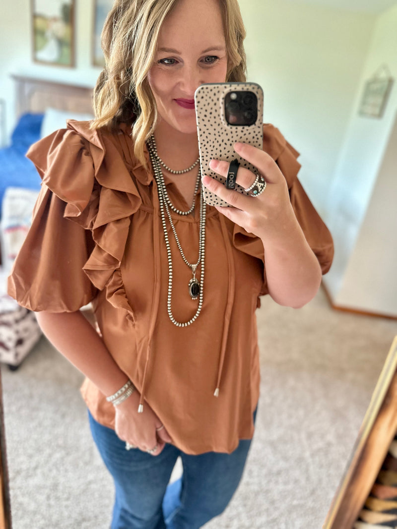 Mocha Ruffled Bubble Sleeve Top