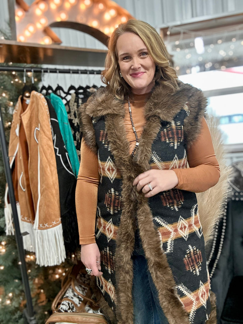 Black Aztec Fur Vest