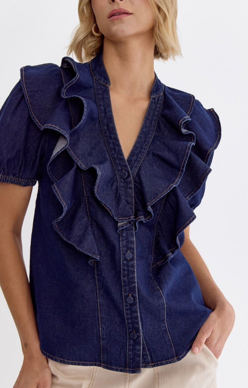 Denim Ruffle Button Down Top