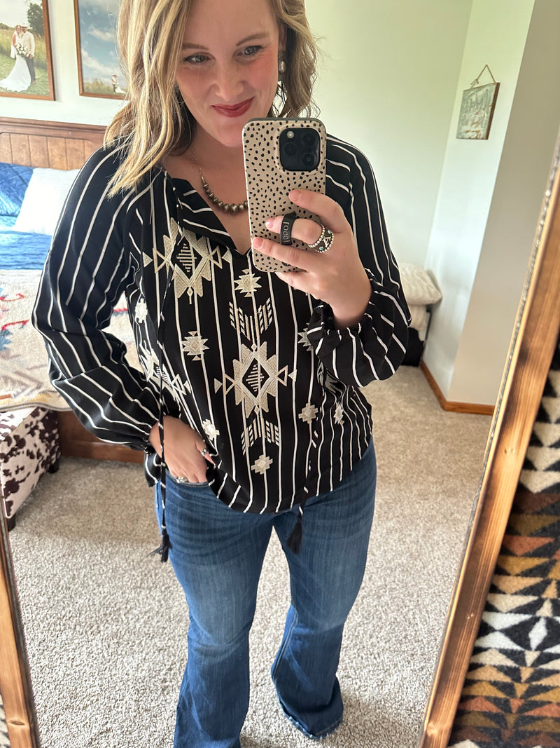 Black Striped Aztec Embroidered Top