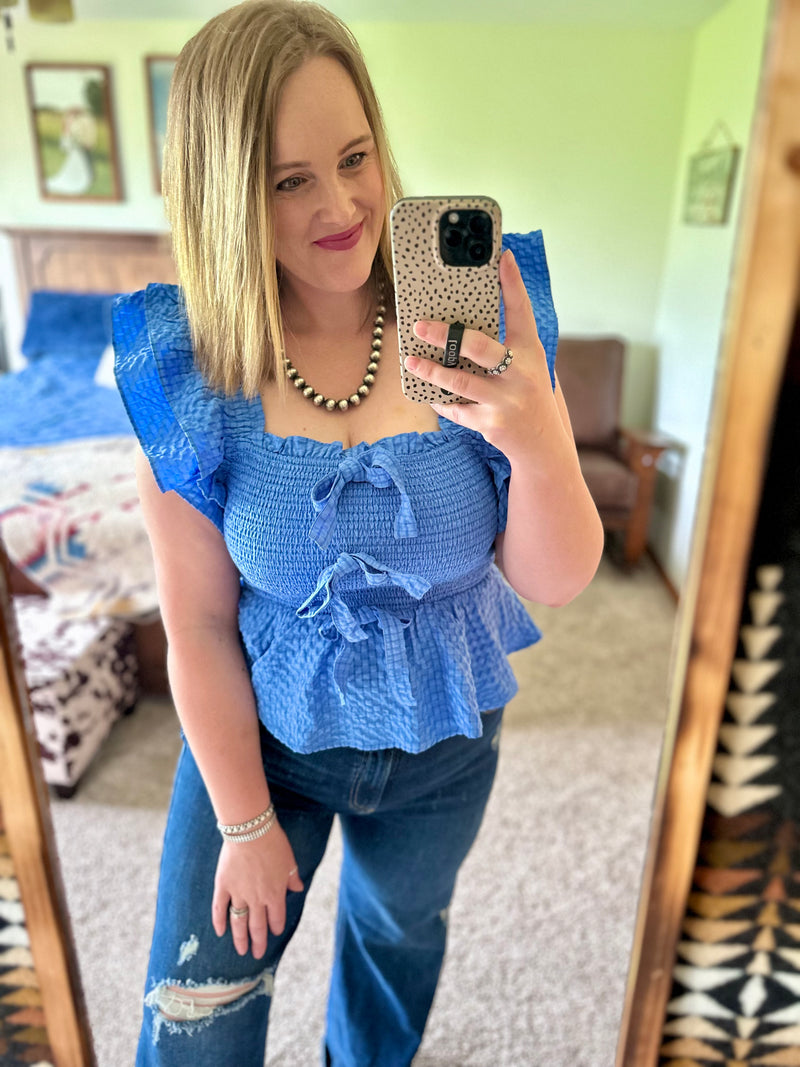Blue Textured Smocked Bow Top