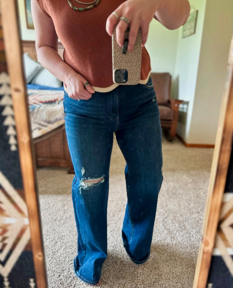 Risen Distressed Wide Leg Jeans