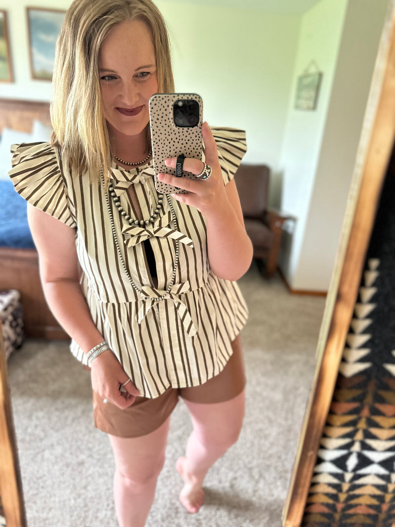 Brown Stripe Bow Detail Top