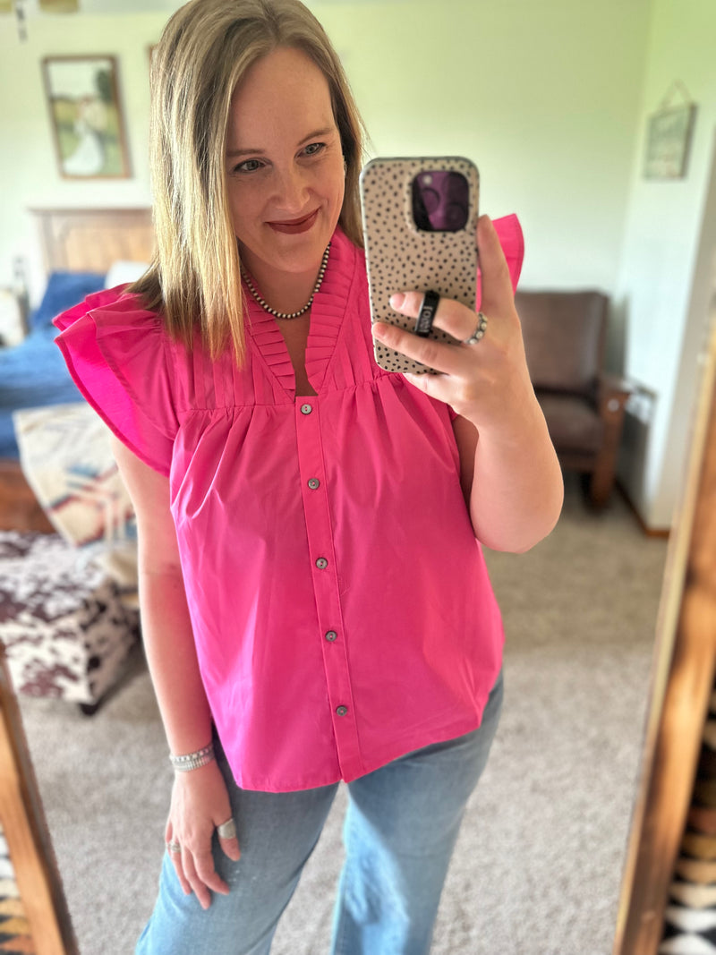 Pink Flutter Tiered Sleeve Button Down Top