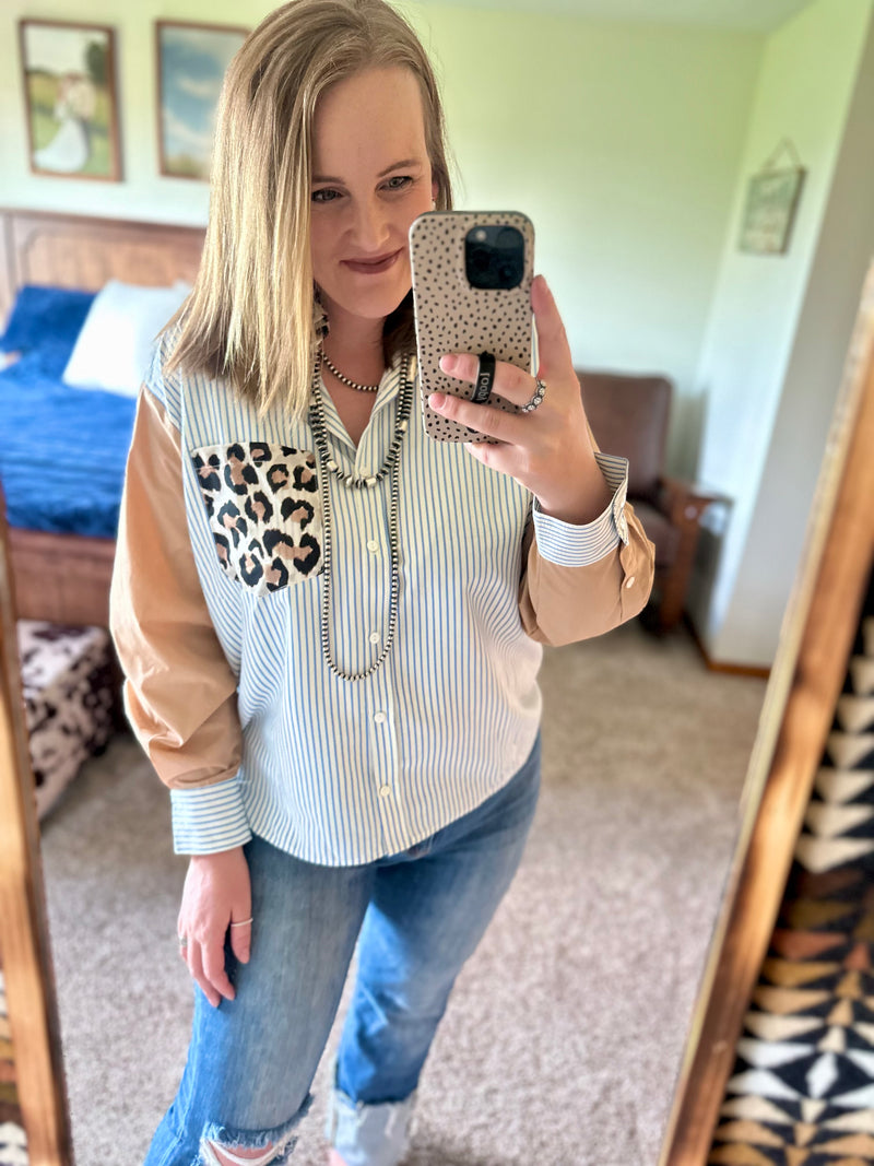 Stripe Leopard Mix Button Down Top