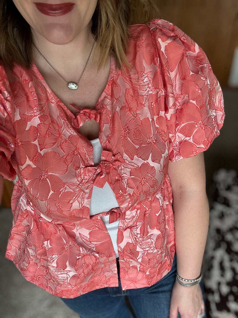 Coral Floral Embroidered Peplum Bow Top