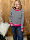 Black/White Striped Top with Pink Trim