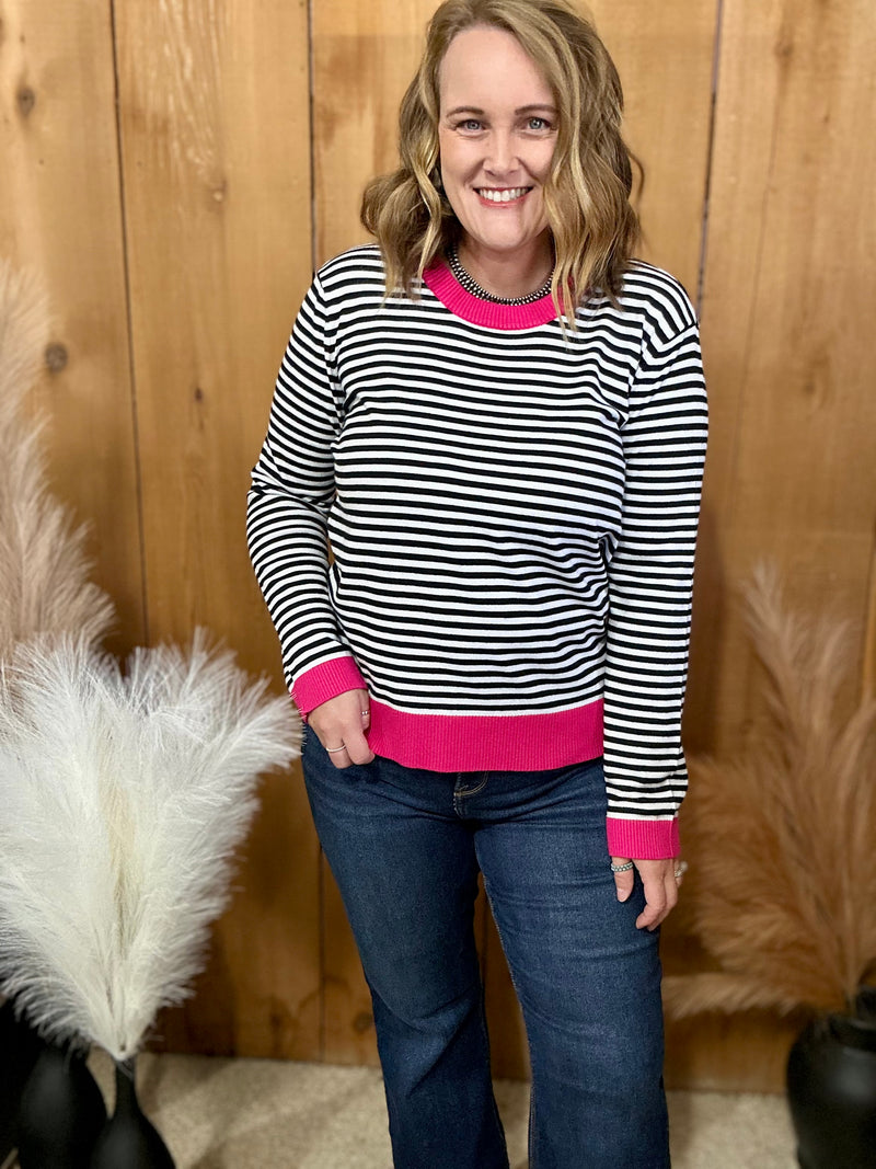 Black/White Striped Top with Pink Trim