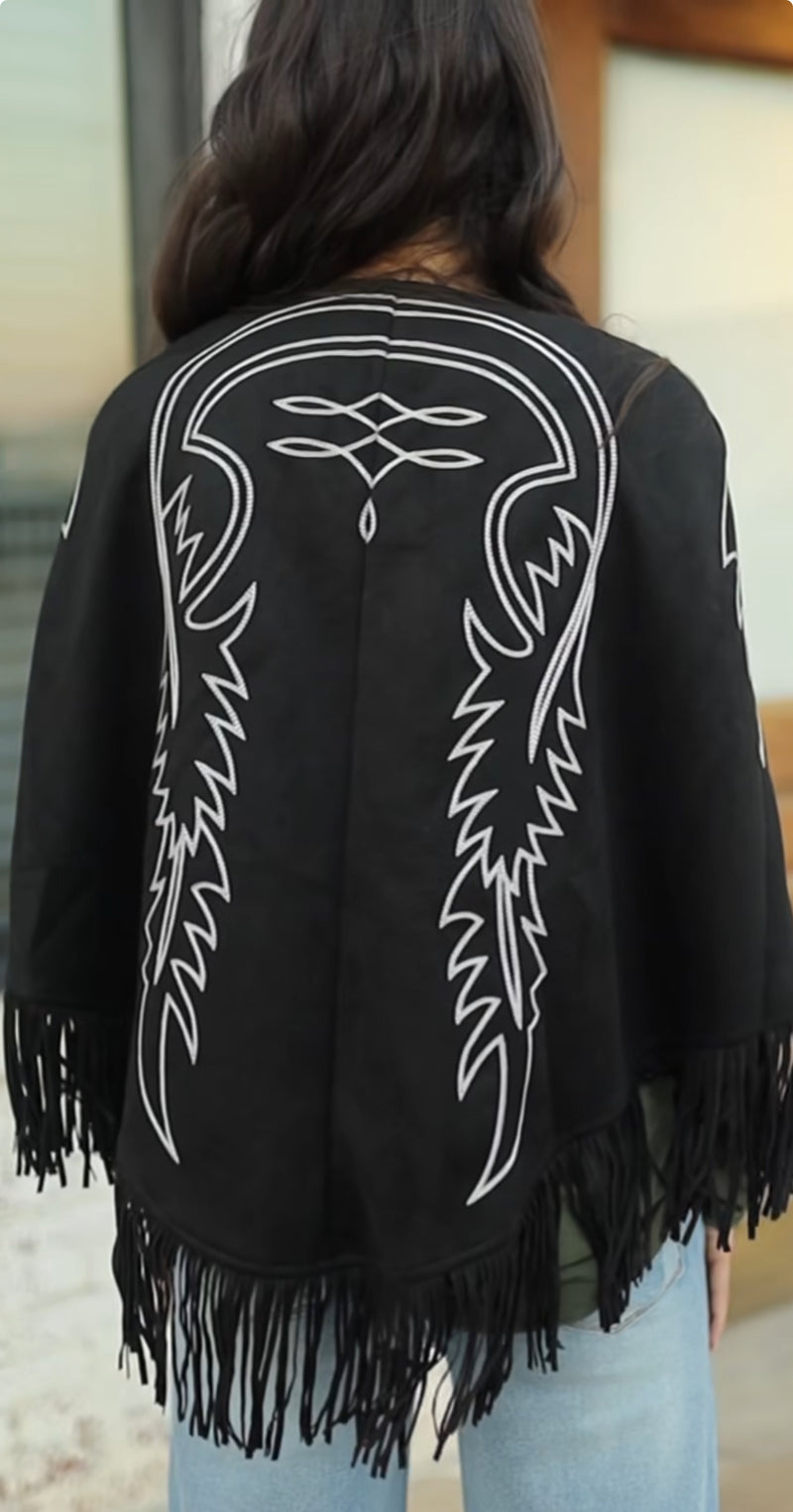 Black Suede Boot Stitch Embroidered Cape