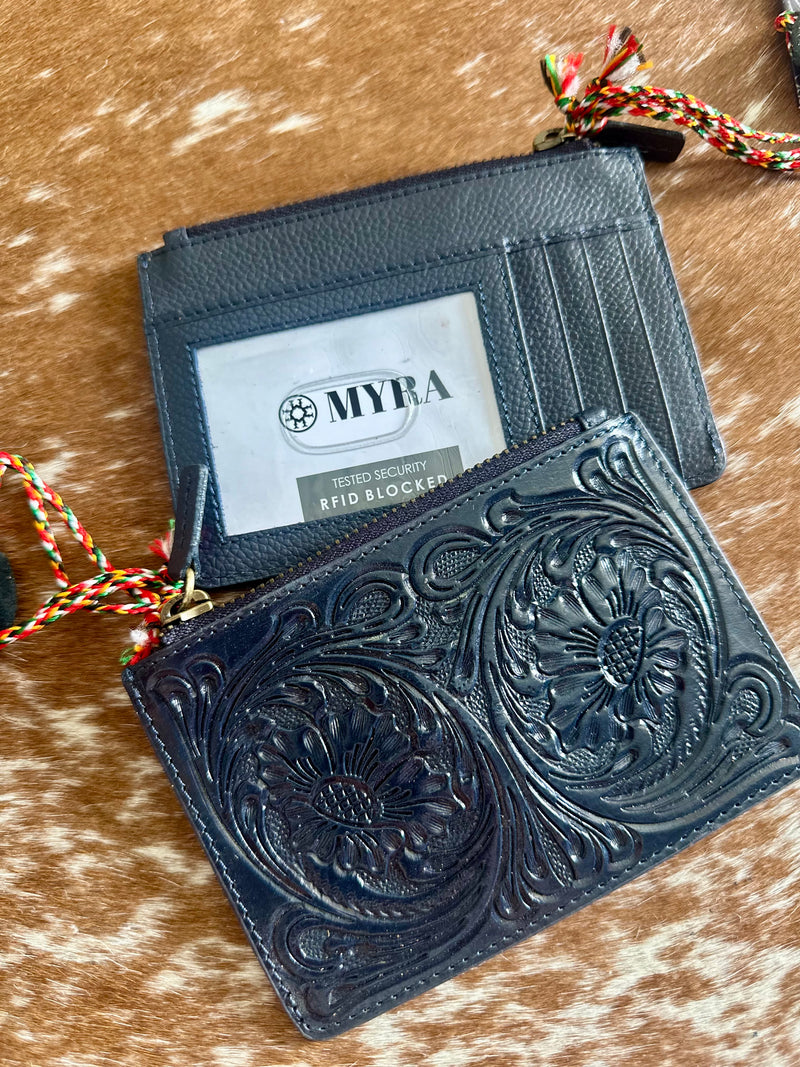 Black Tooled Leather Mini Wallet