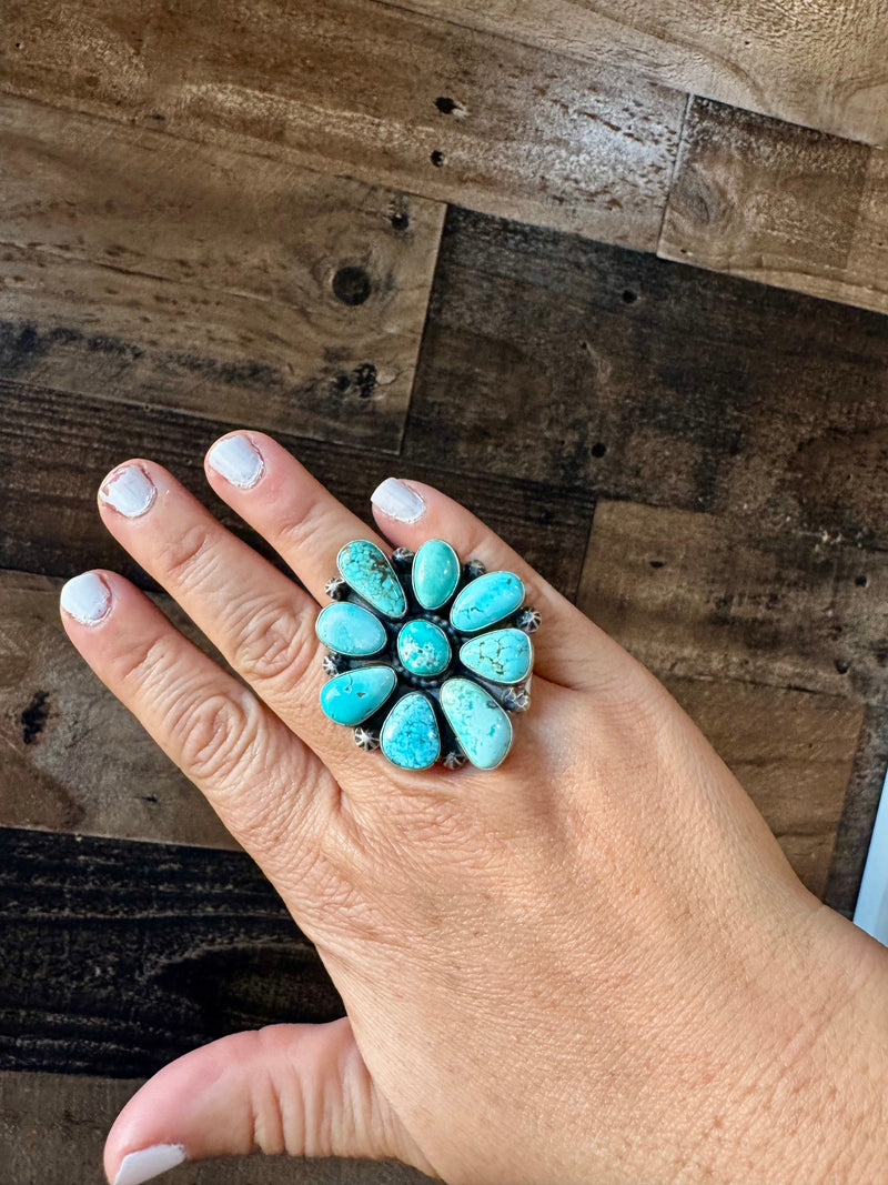 Big flower ring- size 7- Royston  turquoise ring and sterling silver