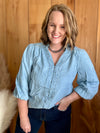Chambray Button Down Bubble Sleeve Top