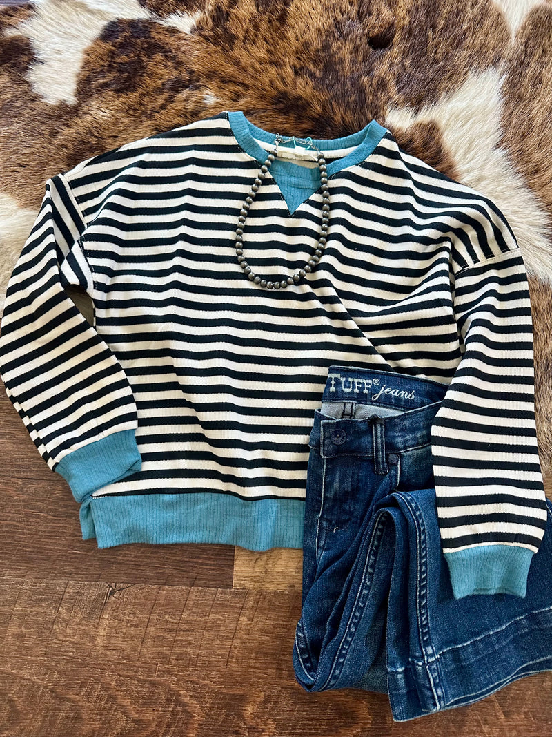 Girls Black Striped Teal Detail Top