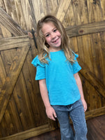 Girls Blue Ruffle Shoulder Top