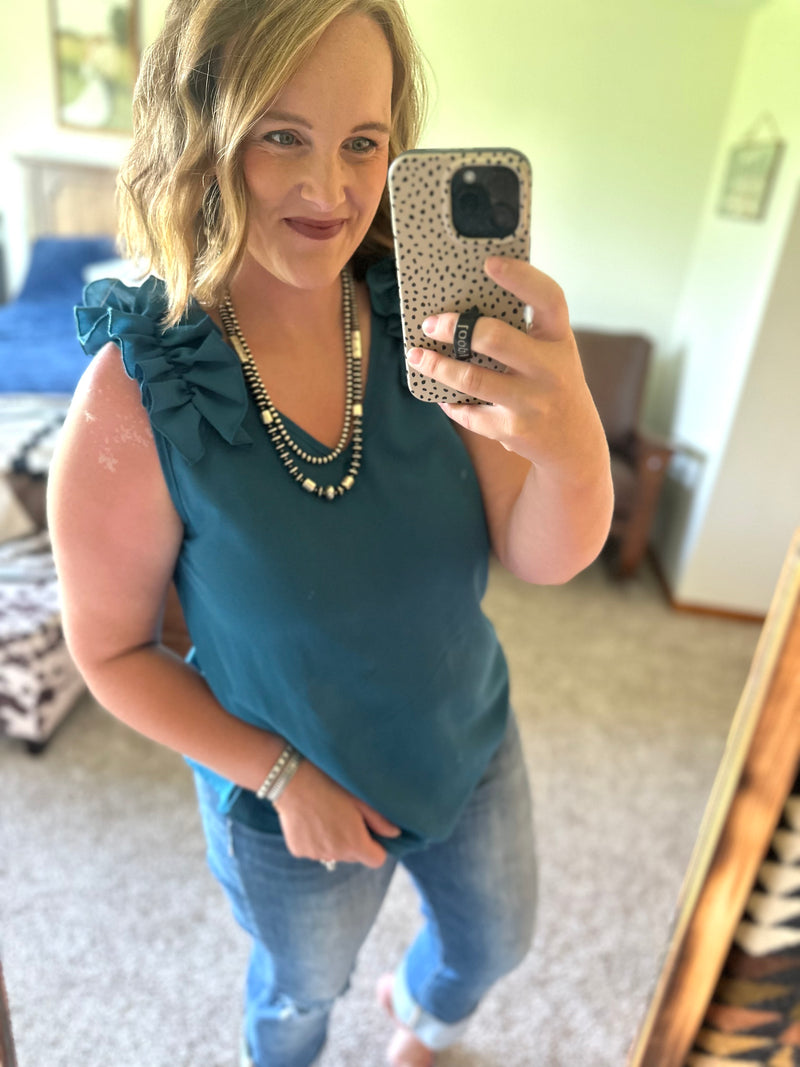 Teal Ruffle Shoulder Tank