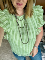 Sage Checkered Ruffle Shoulder Top