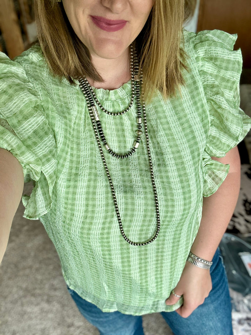 Sage Checkered Ruffle Shoulder Top