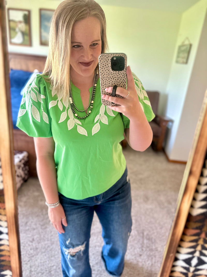 Green Embroidery Detailed Top