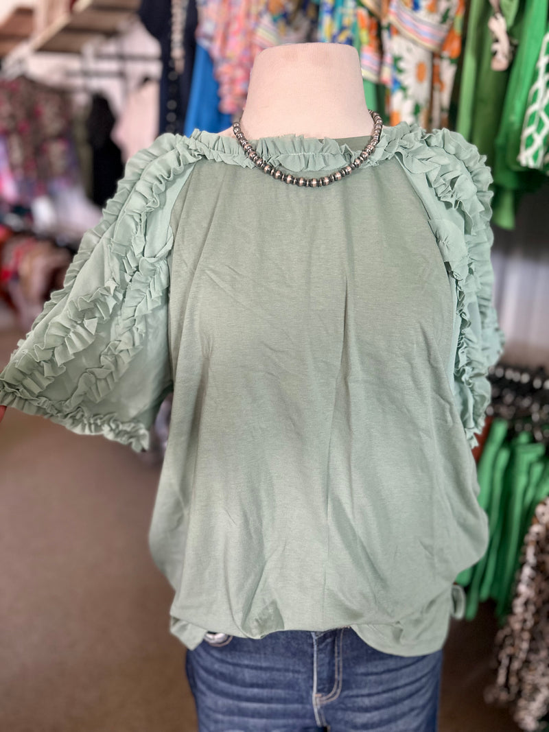 Sage Ruffled Sleeve Top