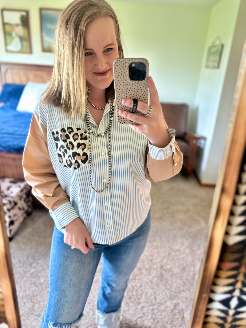 Stripe Leopard Mix Button Down Top