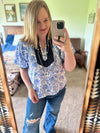 Blue Floral Print Puff Sleeve Top