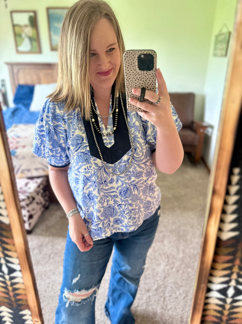 Blue Floral Print Puff Sleeve Top