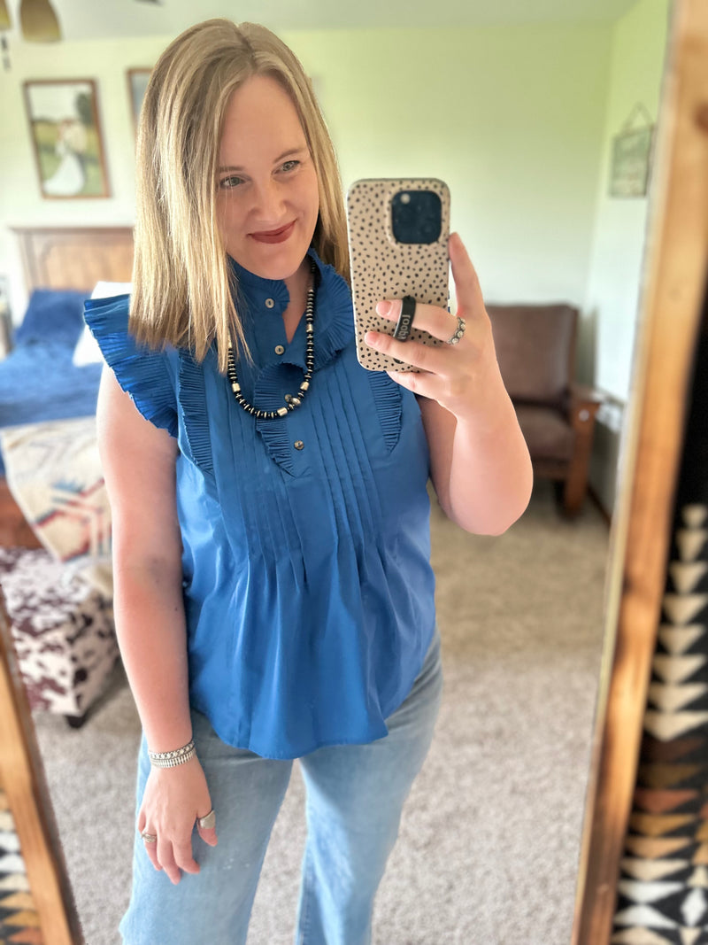 Blue Pleated Ruffle Sleeve Top