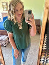 Leopard Trim Puff Sleeve Top - Dark Green