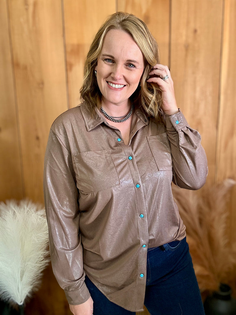 Chocolate Leather Lux Button Down Top