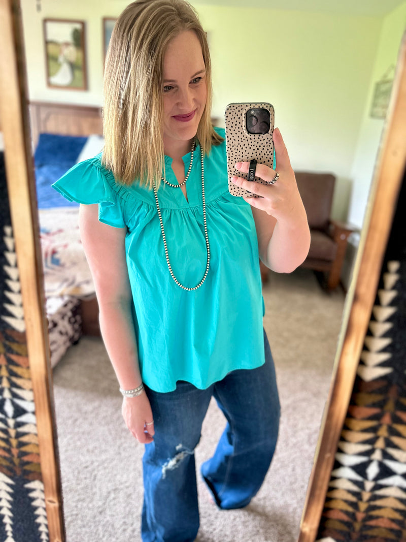 Aqua Flutter Poplin Top