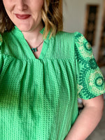 Green Checker Embroidered Sleeves Top