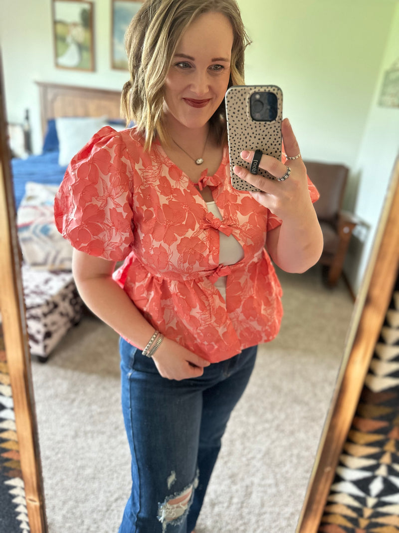 Coral Floral Embroidered Peplum Bow Top
