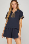 Navy Quarter Zip Top with Leopard