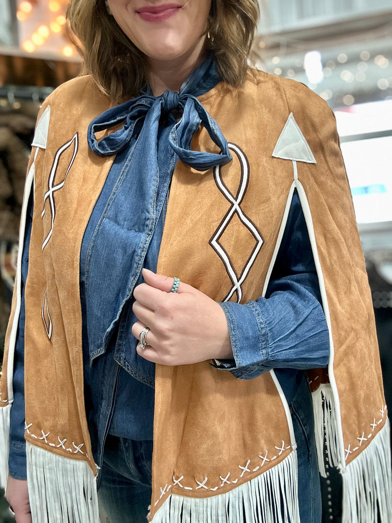 Tan Suede Boot Stitch Embroidered Cape