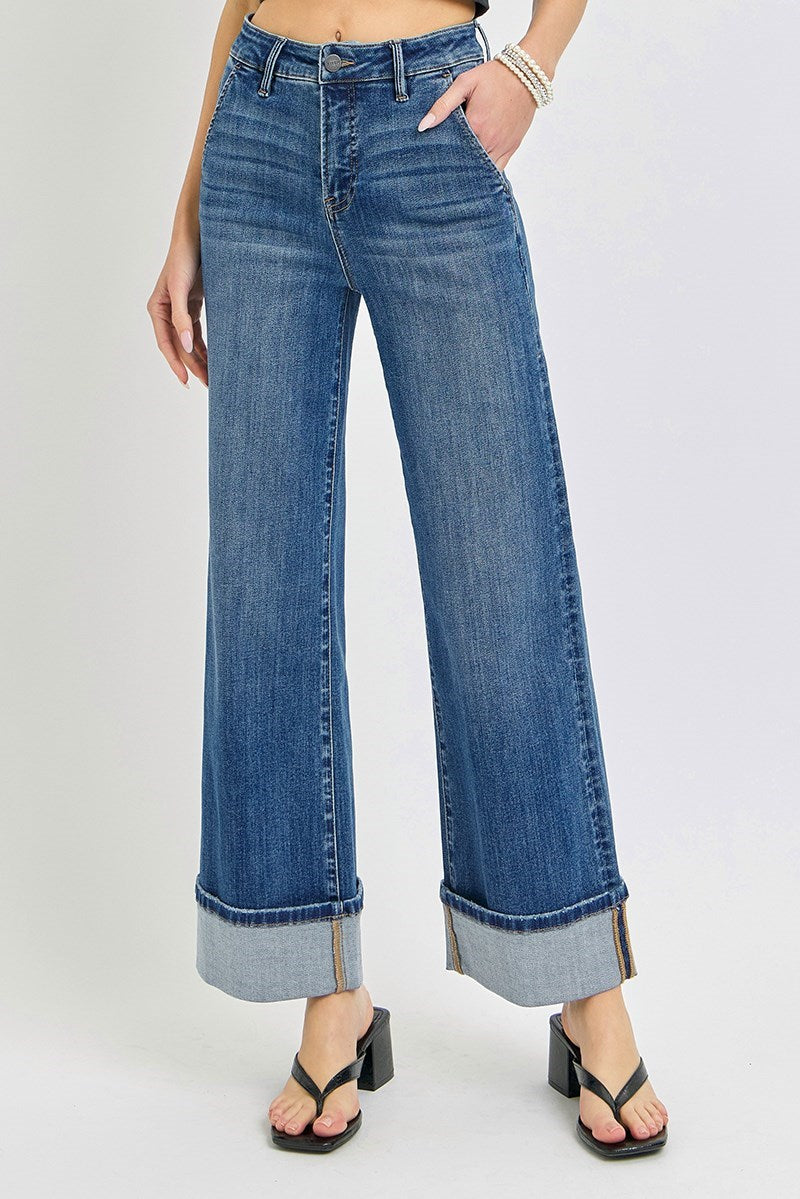Risen Cuff Wide Leg Jeans with Slant Pocket