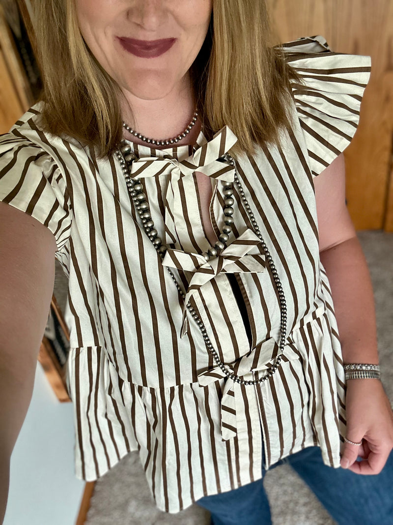 Brown Stripe Bow Detail Top