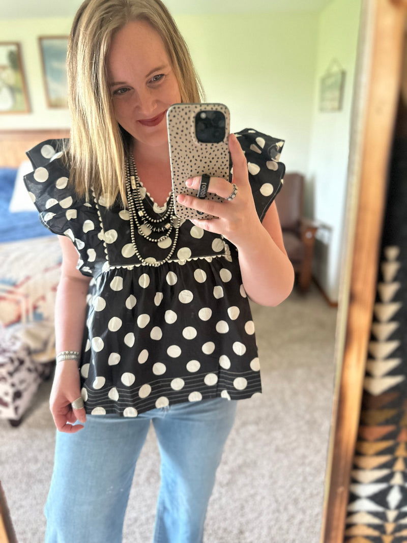 Black Polka Dot Flutter Sleeve Top