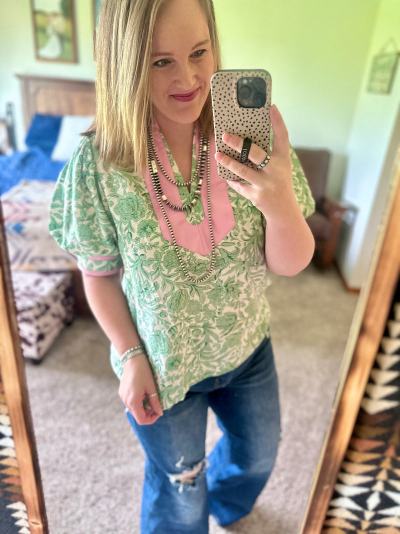 Green Floral Print Puff Sleeve Top